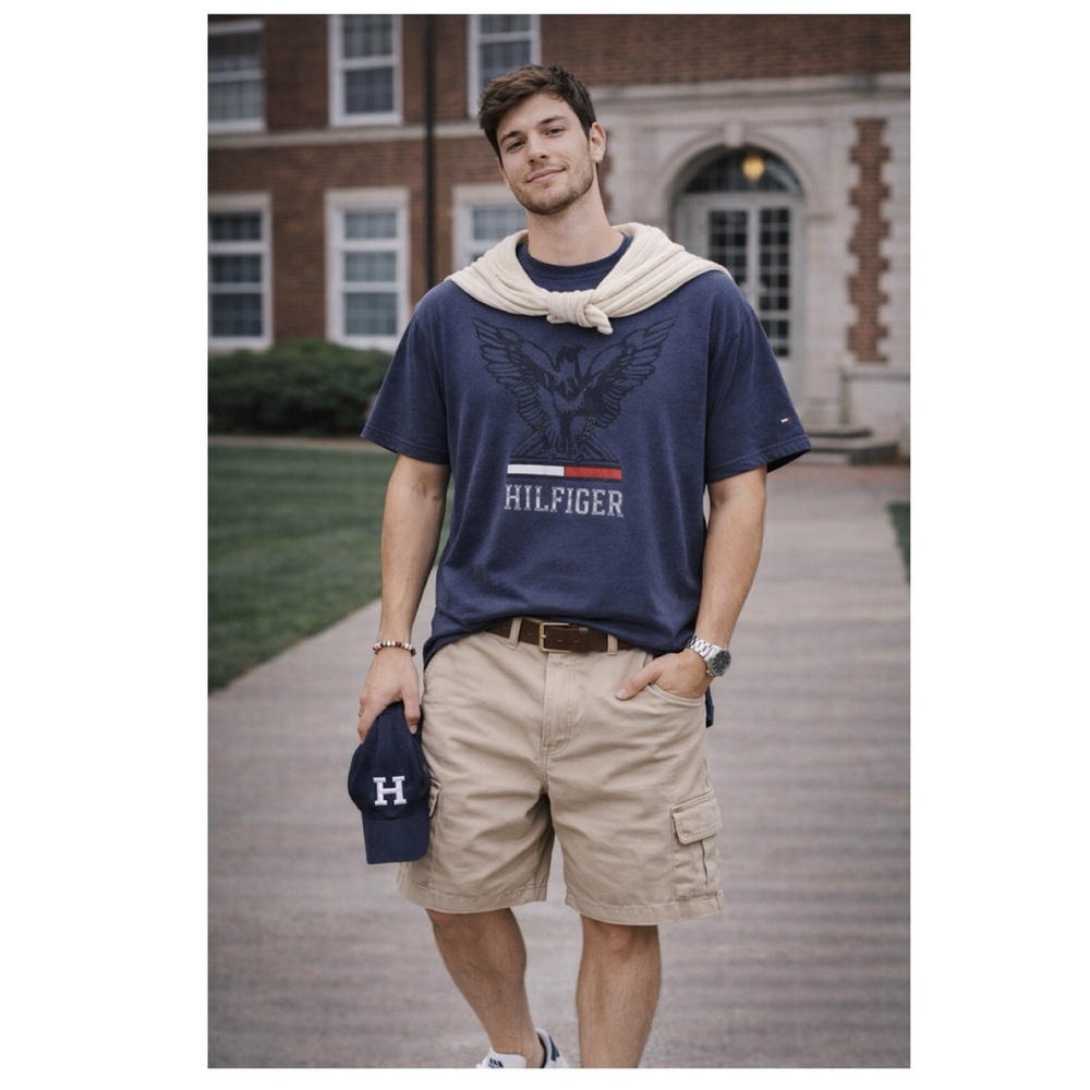 TOMMY HILFIGER Y2K Navy Blue Eagle Crest Graphic Tee Embroidered Logo Sz L  Prep